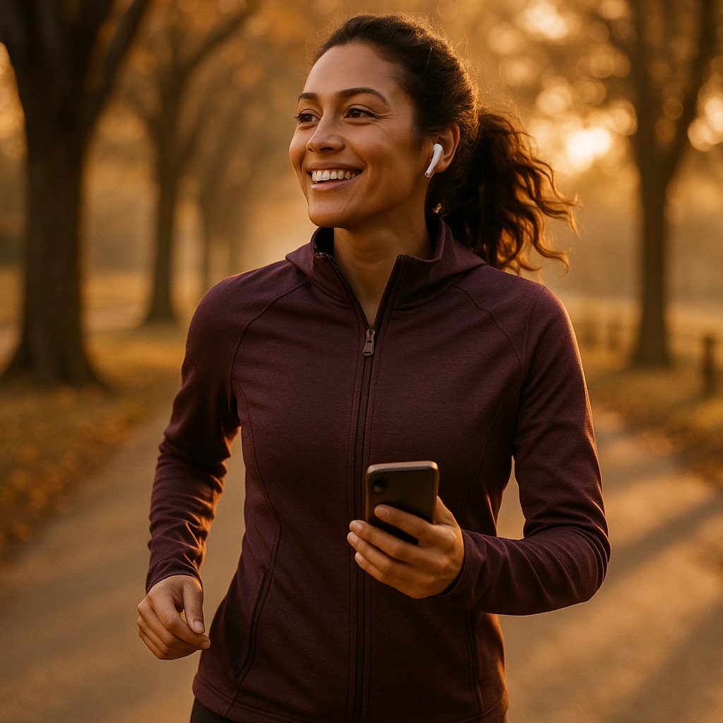 Woman walking outdoors listening with earbuds